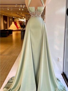 Sage Green Halter Prom Gown with Jeweled Waist